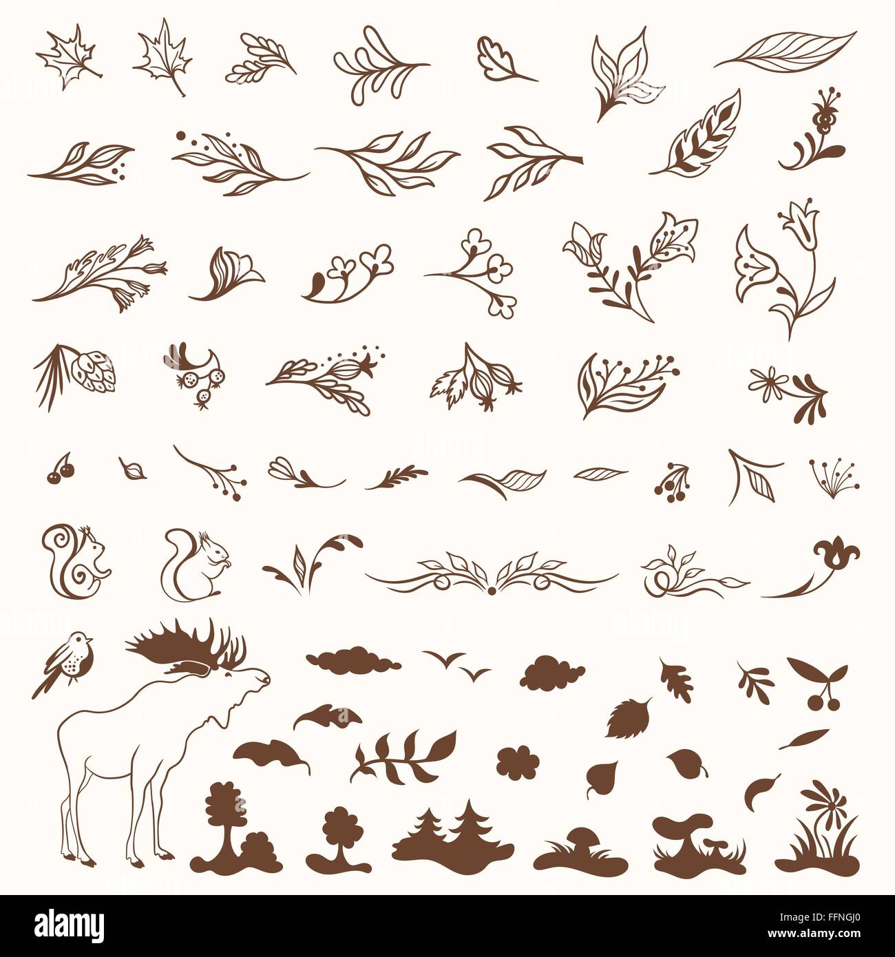 Bündel von eleganten Skizzensymbole Natur - Blätter, Blumen, Tiere für Design Stock Vektor