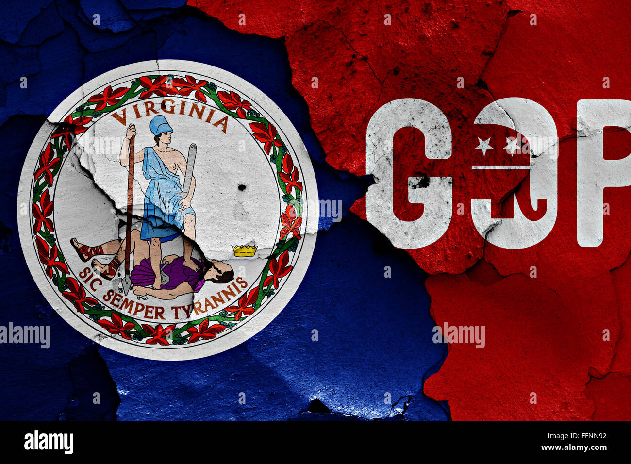 Flagge von Virginia und GOP auf rissige Wand gemalt Stockfoto Flagge von Virginia und GOP auf rissige Wand gemalt Stockfoto