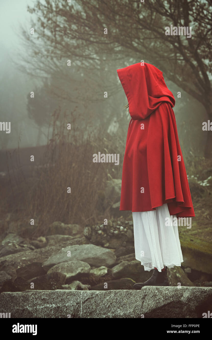 Frau mit roten Umhang in einer nebligen Landschaft. Traurigkeit und surreale Konzept Stockfoto