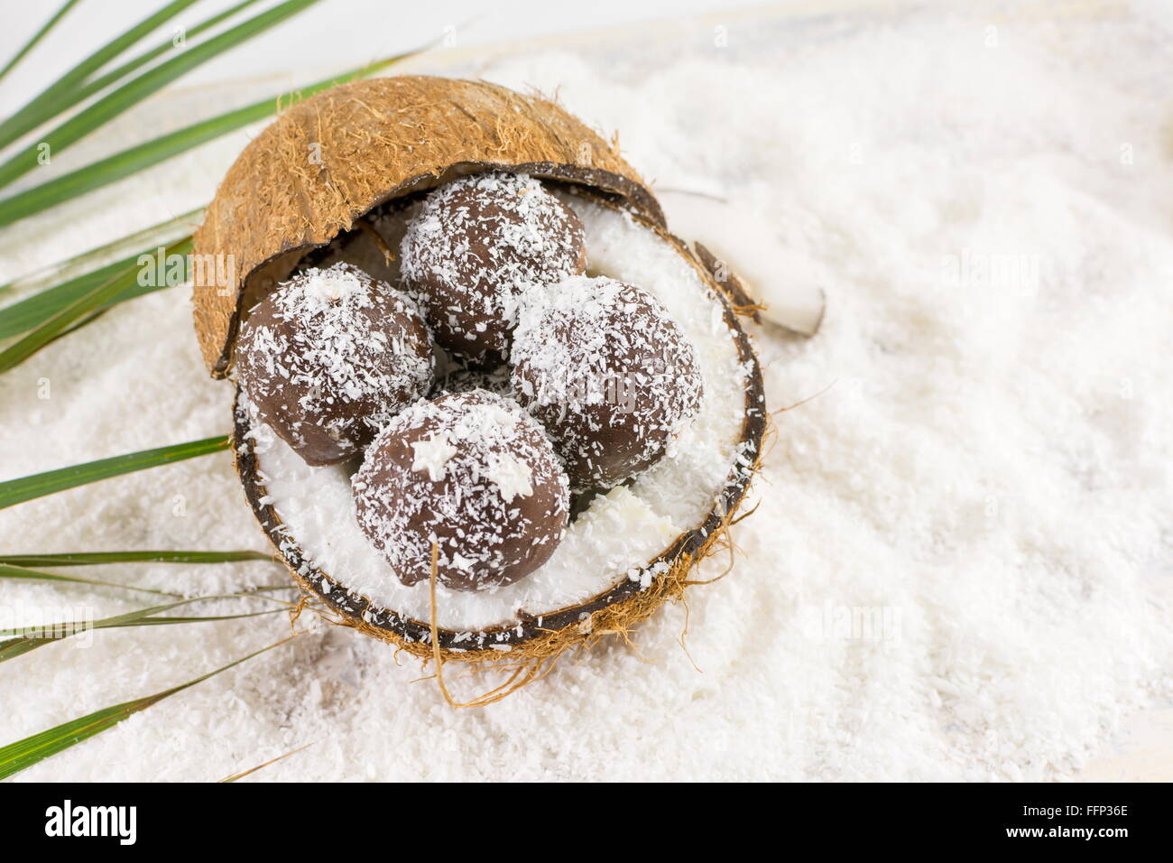 Frische Kokosnuss und hausgemachtes Kokosnuss-Cookies auf geerdeten Kokosnuss Stockfoto