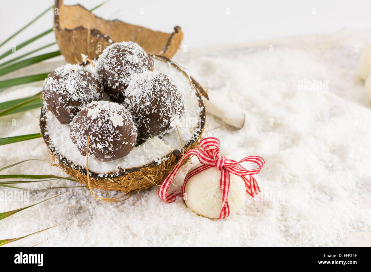 Frische Kokosnuss und hausgemachtes Kokosnuss-Cookies auf geerdeten Kokosnuss Stockfoto