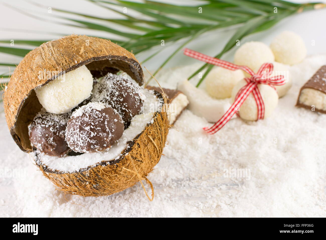 Frische Kokosnuss und hausgemachtes Kokosnuss-Cookies auf geerdeten Kokosnuss Stockfoto