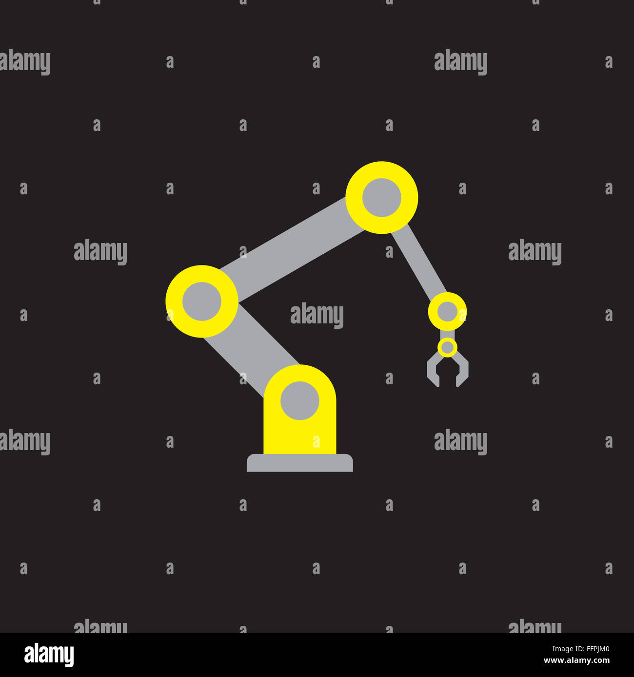 [JPEG] gelb-grauen Roboter Arm Symbol flach Stil auf schwarzem Hintergrund Stockfoto