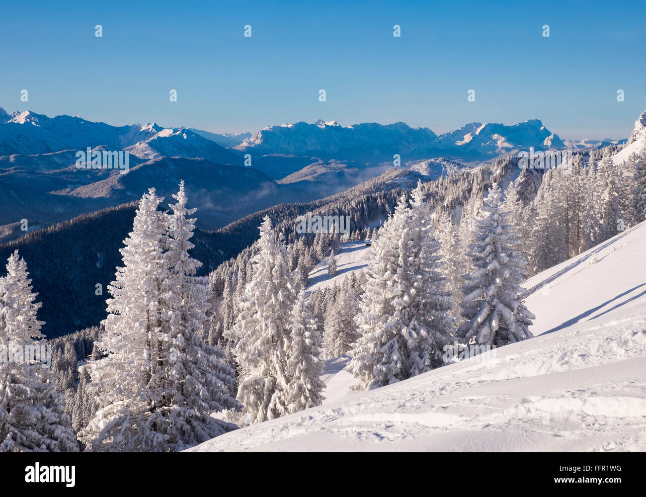 Winter Landschaft, Brauneck, Zugspitze hinten rechts, Lenggries, Isarwinkel, Bayerische Voralpen, Upper Bavaria, Bavaria, Germany Stockfoto
