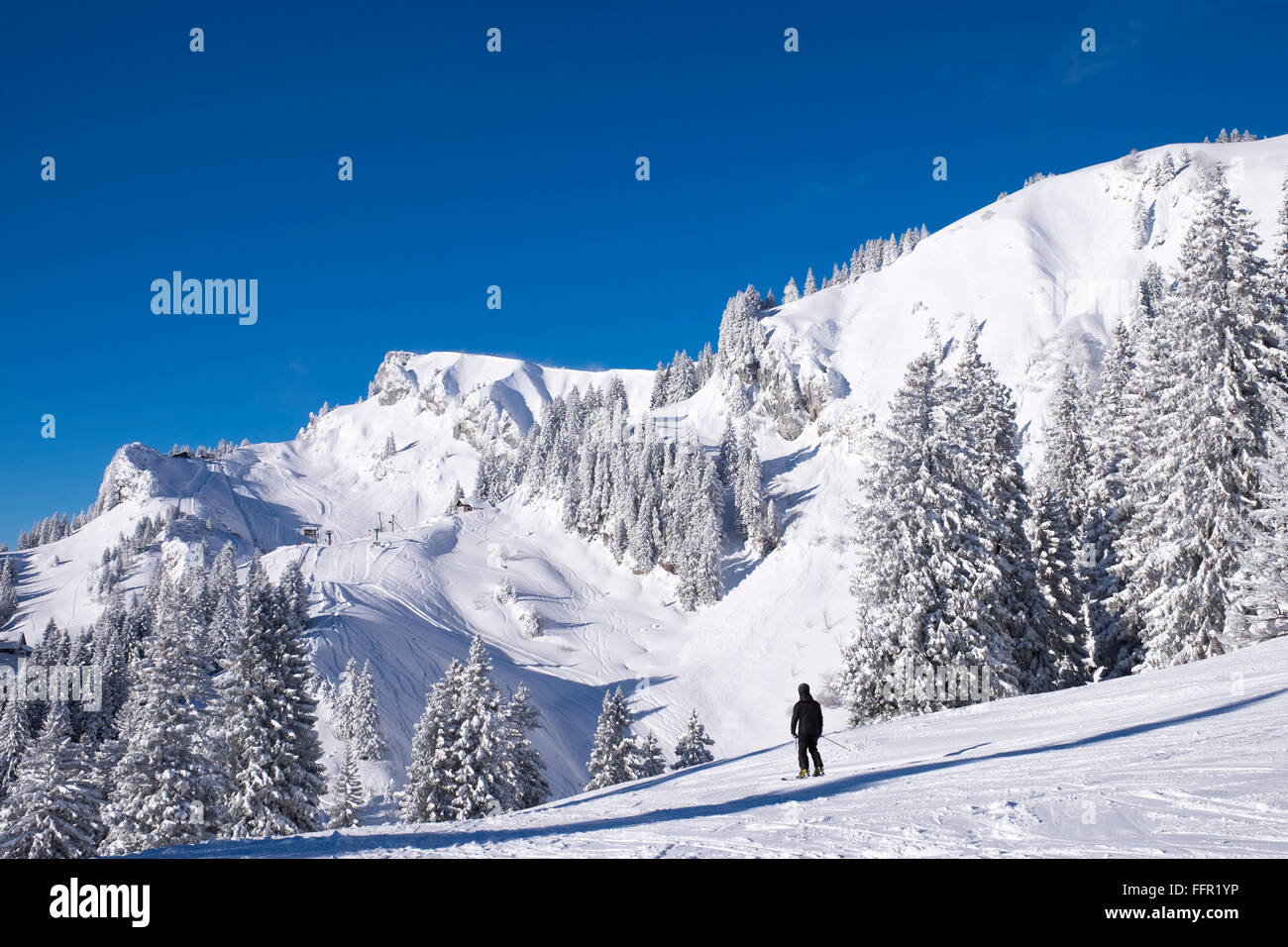Latschenkopf und Idealhang-, Skigebiet Brauneck, Lenggries, Isarwinkel, Bayerische Voralpen, Upper Bavaria, Bavaria, Germany Stockfoto