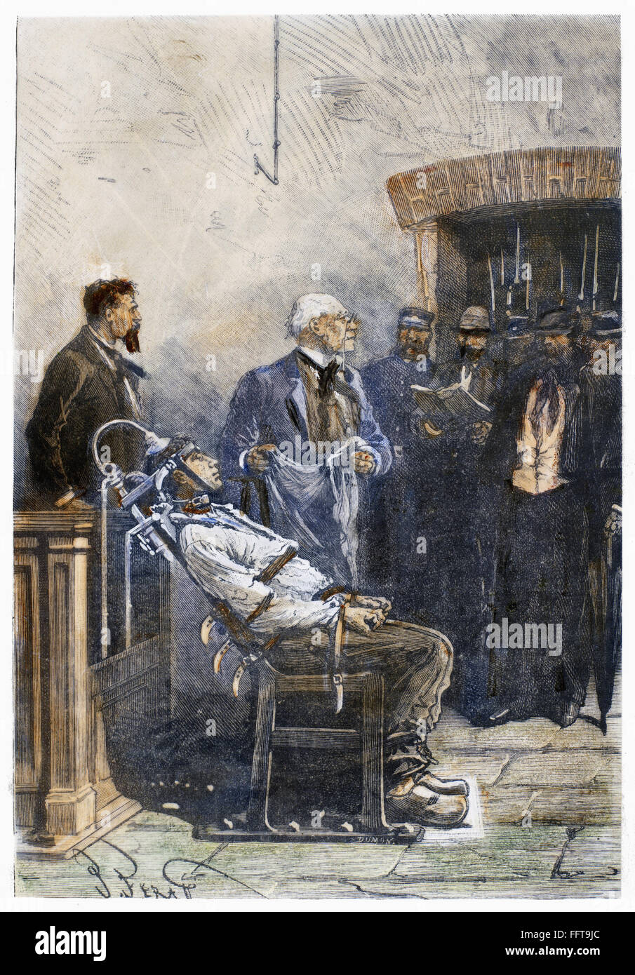STROMSCHLAG, 1890. /nThe erste Hinrichtung durch Stromschlag, von William Kemmler, wegen Mordes an Auburn Gefängnis, Auburn, New York, 6. August 1890. Zeitgenössischer Holzstich. Stockfoto