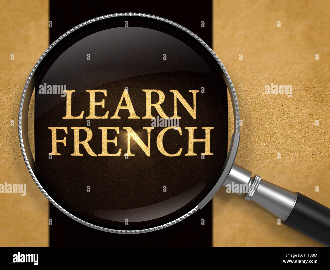 Lernen Sie Französisch durch die Linse auf dem alten Papier. Stockfoto