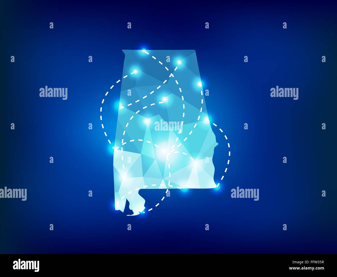 Alabama State map polygonalen mit Scheinwerfer Orte Stock Vektor