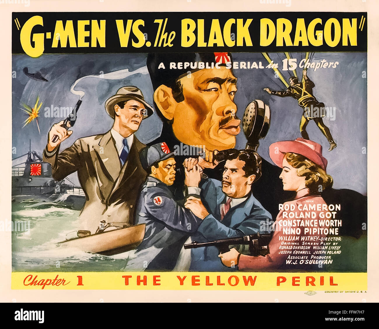 G-Men vs. The Black Dragon (1943) Film-Lobby-Karte, in der Geheimdienstagent Rex Bennett zusammen mit britischen und chinesischen Verbündeten die finstere japanische Black Dragon Society konfrontiert wird, die während des Zweiten Weltkriegs Sabotage und Infiltration der Vereinigten Staaten anstrebt. Stockfoto