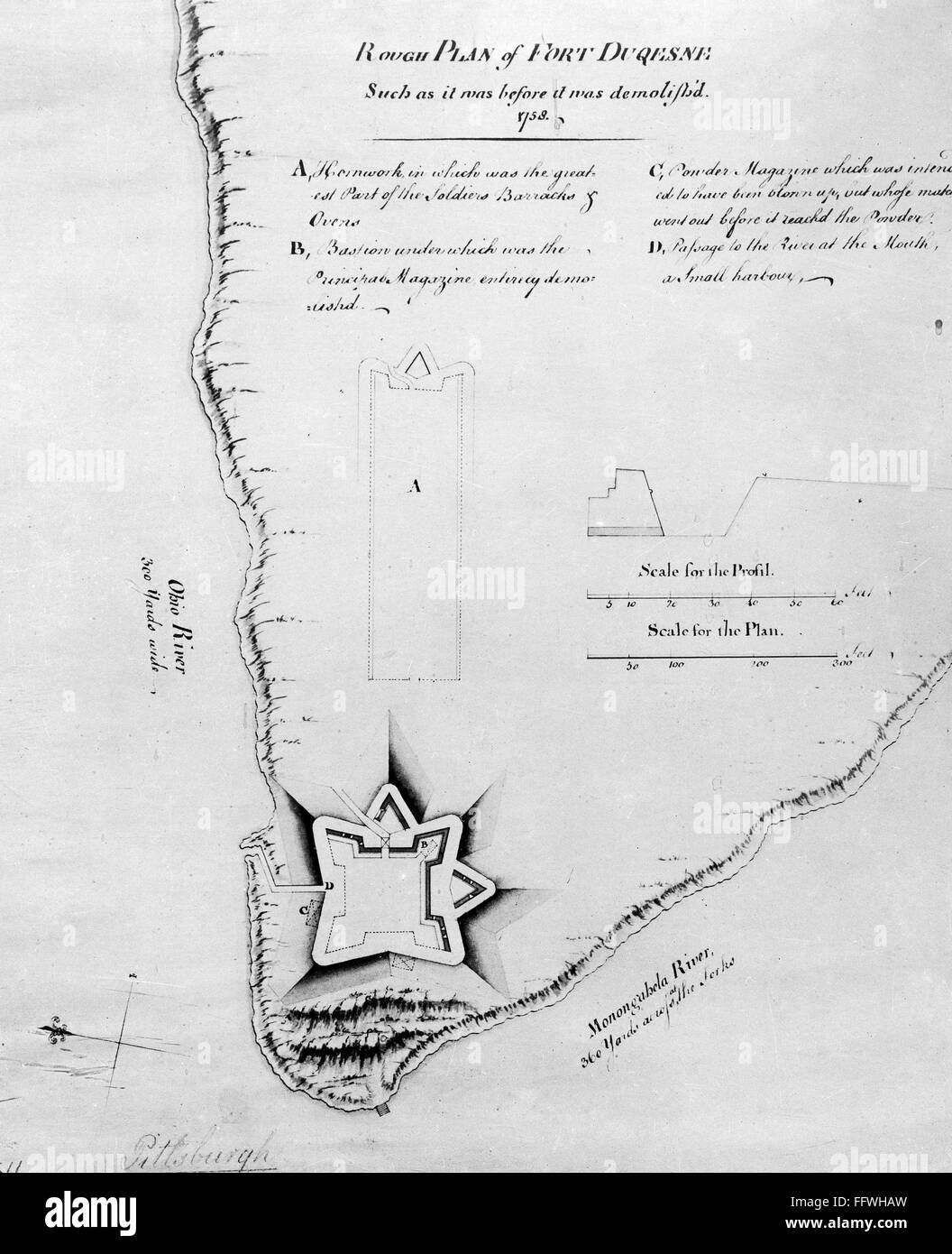 FORT DUQUESNE: KARTE. /nEnglish Plan, 1750er Jahren von Fort Dusquesne, auf dem Gelände des heutigen Pittsburgh, Pennsylvania. Stockfoto