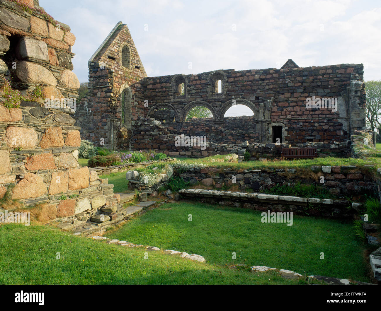 Ruinen von Iona Kloster Kirche und Kapitelsaal, Iona, Inneren Hebriden, Schottland, Vereinigtes Königreich. Stockfoto