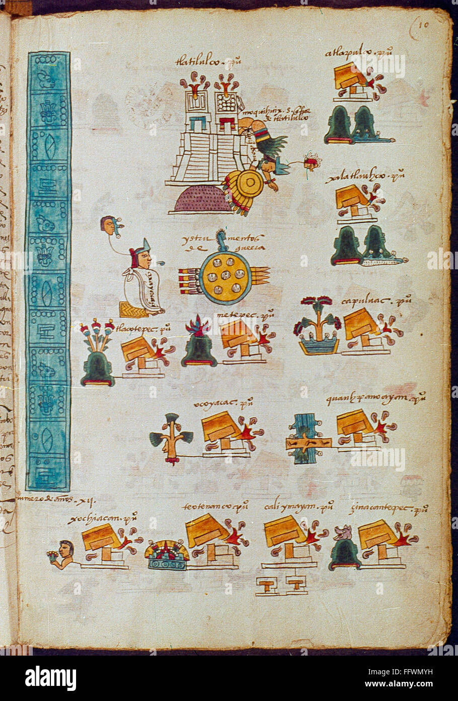 MEXIKO: AZTEKEN-CODEX. /nAztec schreiben mit Symbolen. Das sich wiederholende Symbol ist das "Calli" oder "Haus" Symbol mit zusätzlichen Flammen, was wahrscheinlich bedeutet, dass diese eroberten Städten sind. Buchmalerei, wahrscheinlich aus dem Codex Magliabechiana, Mitte 16. Stockfoto