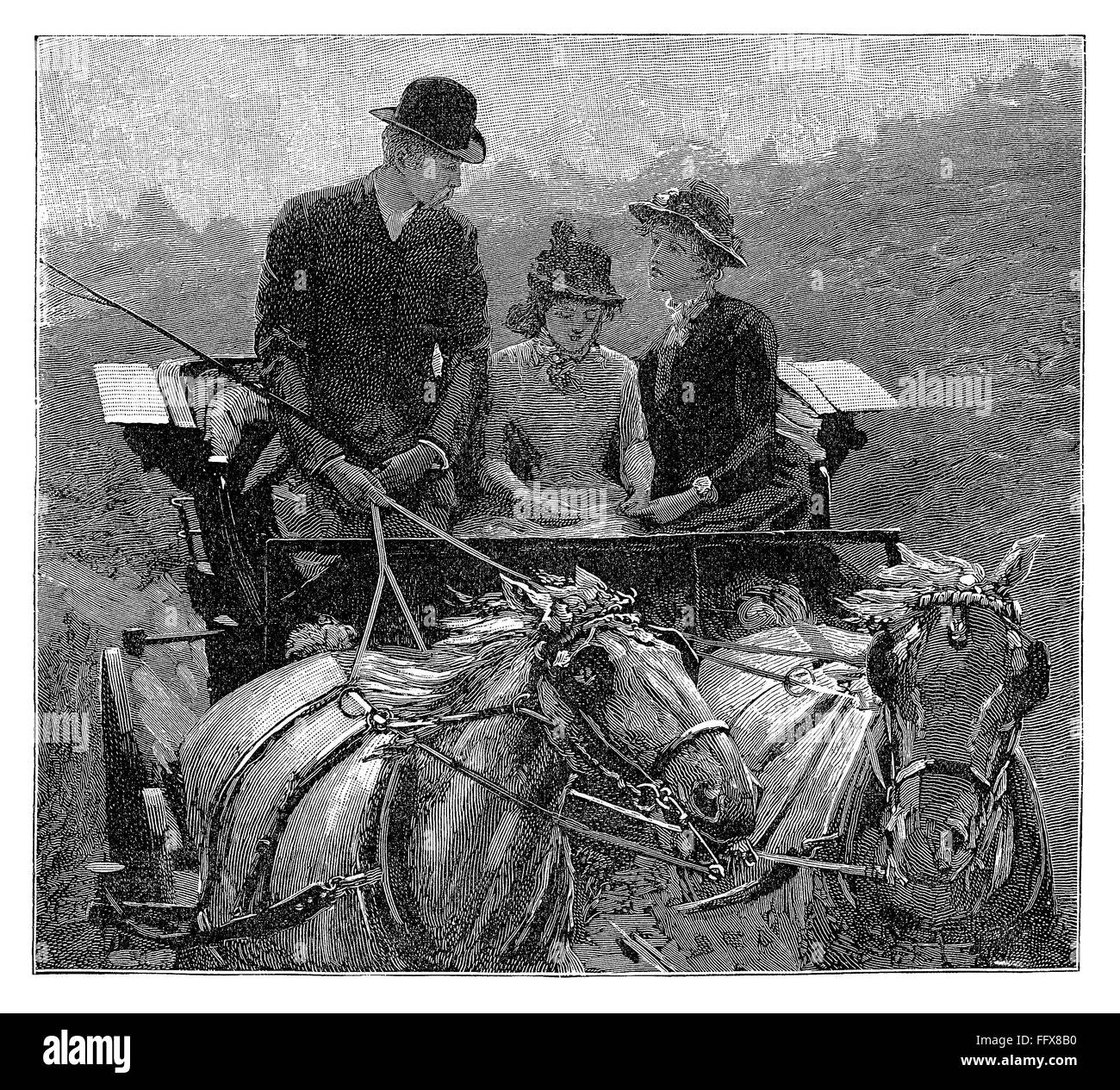 Schwarz / weiß-Gravur von einem Wagen und zwei Pferde, getrieben von einem viktorianischen Gentleman mit zwei Dame Passagiere. Stockfoto