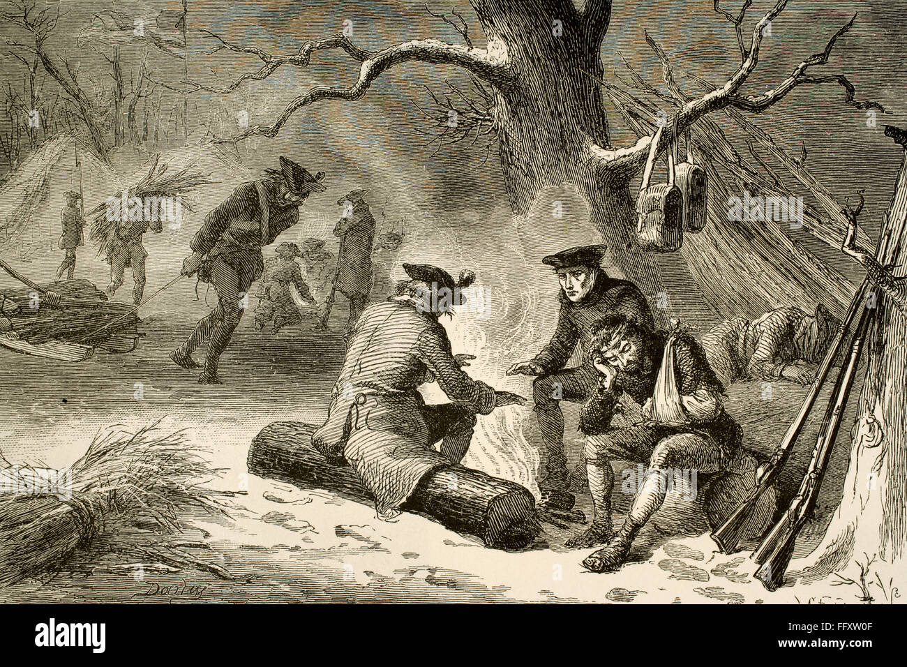 Amerikanischer Unabhängigkeitskrieg (1775-1783). Senke-Schmiede. Pennsylvania. Kontinentale Armee-Camp im Winter 1777-1778. Kupferstich von A. Bobbet. "American Revolution". des 19. Jahrhunderts. Stockfoto