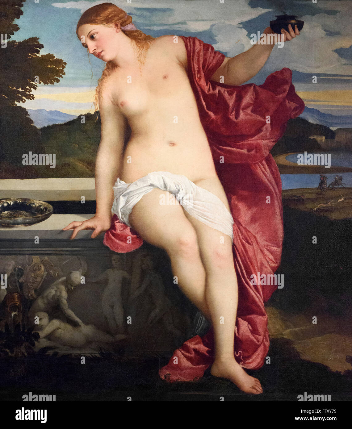 Rom. Italien. Heilige und Profane Liebe, Detail der Aphrodite, (c. 1514), von Tizian (c. 1488/1490 - 1576), Galleria Borghese. Stockfoto
