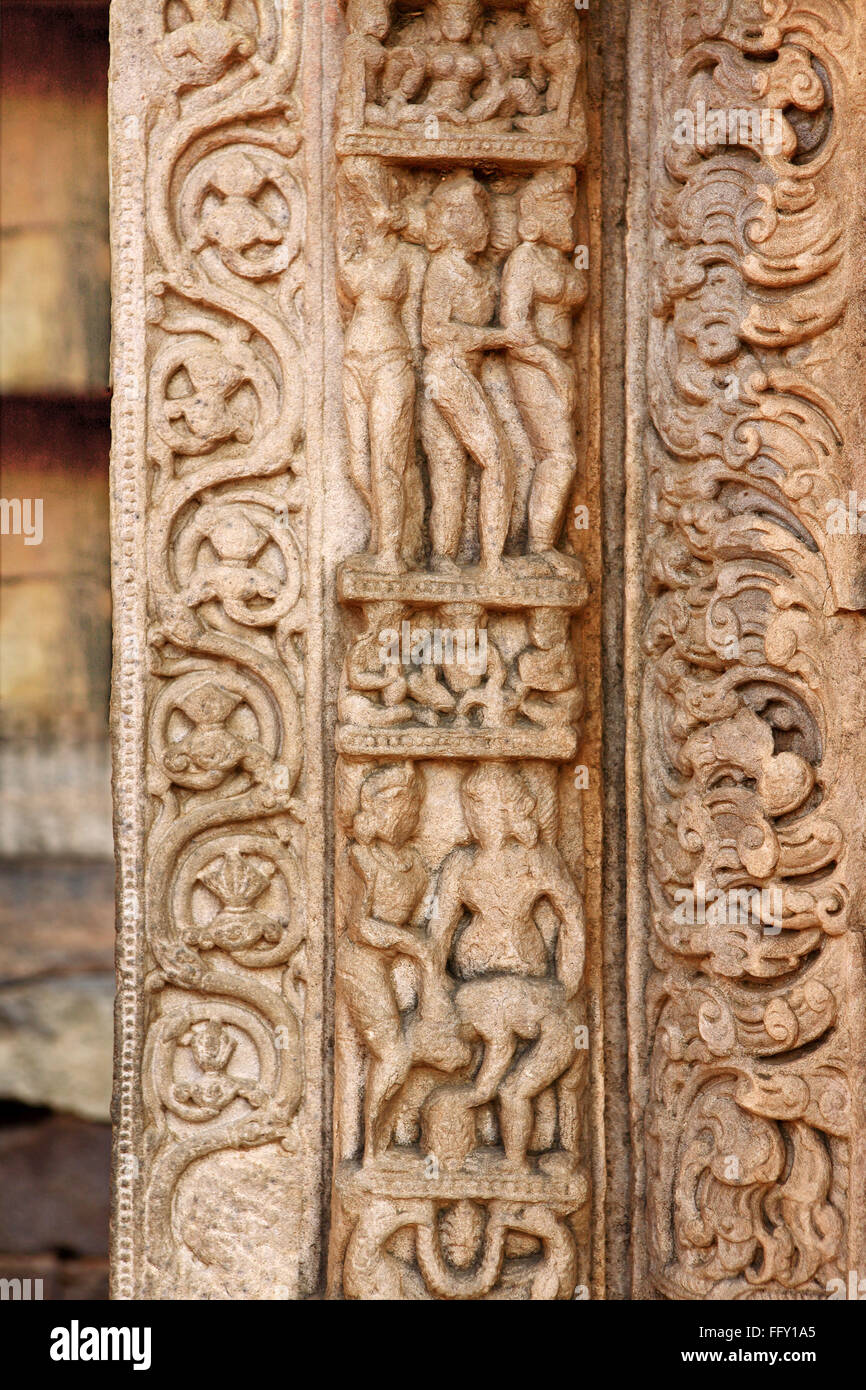 Details der Steinskulpturen aus Tempel 31 nahe Stupa 5 gebaut während der 6. oder 7. Jahrhundert, Sanchi Bhopal Madhya Pradesh Stockfoto