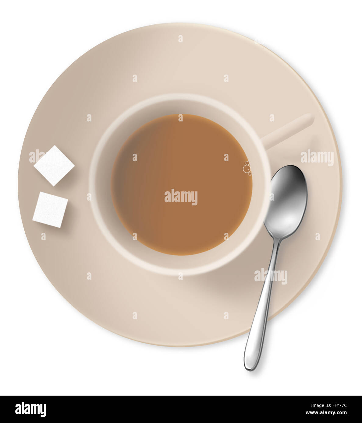 Eine Tasse Tee auf eine Untertasse mit Löffel und zwei Klumpen des Zuckers Stockfoto