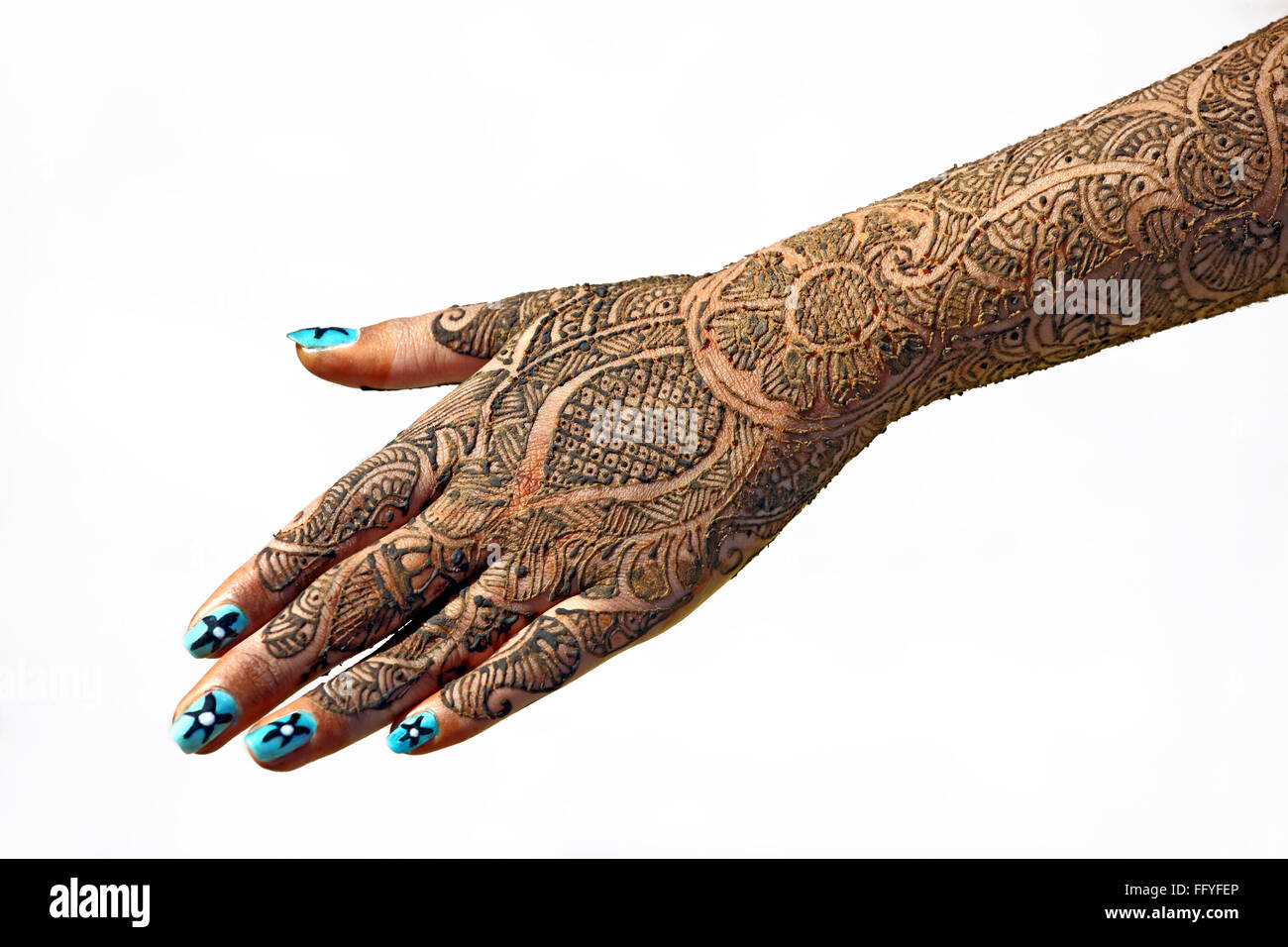 Mehendi auf weibliche Arm und Finger aufgetragen; Indien Stockfoto