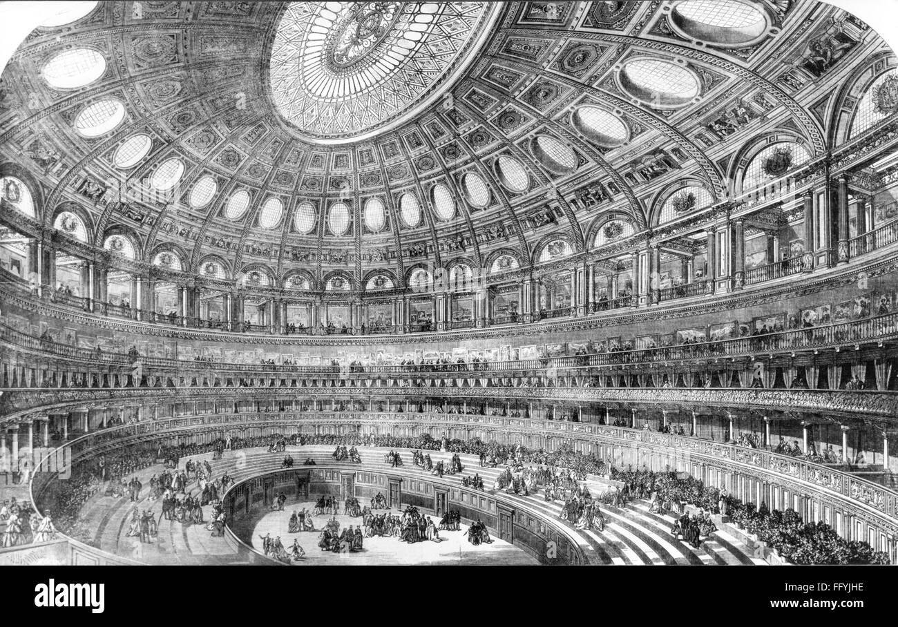 Geographie / Reisen, Großbritannien, London, Gebäude, Royal Albert Hall, erbaut 1867 - 1871 von Lucas Brothers, Architekt: Francis Fowke und Henry Young Darracott Scott, Innenansicht, zeitgenössische Holzgravur, Veranstaltungssaal, Konzertsaal, Arena, Arenen, Stand, Stände, Sitzreihe, Sitzreihen, Architektur, Kuppel, Kuppeln, Italianate Stil, Italianate Stil, Rotunde, Menschen, viktorianische Ära, South Kensington, City of Westminster, England, Westeuropa, 19. Jahrhundert, Gebäude, Gebäude, historisch, historisch, zusätzliche-Rechte-Clearences-nicht verfügbar Stockfoto