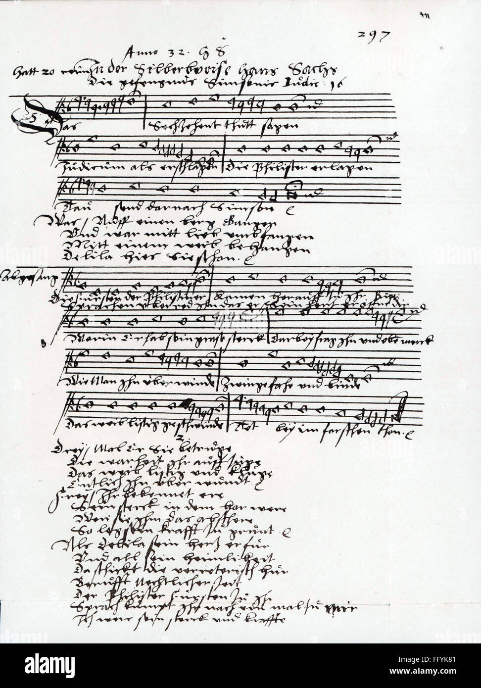 Musik, Notation, Notenblätter, Meistergesang aus 'Grüendlicher Bericht des deutschen Meistergesangs' von Adam Puschmann, Görlitz, 1571, Additional-Rights-Clearences-not available Stockfoto