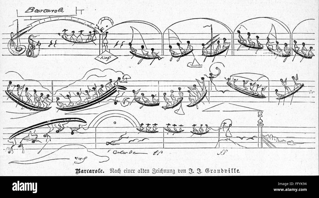 Musik, Karikatur, Notation für eine Barkarole, Zeichnung von Grandville (Jean Ignace Isidore Gerard), 1842, Additional-Rights-Clearences-not available Stockfoto