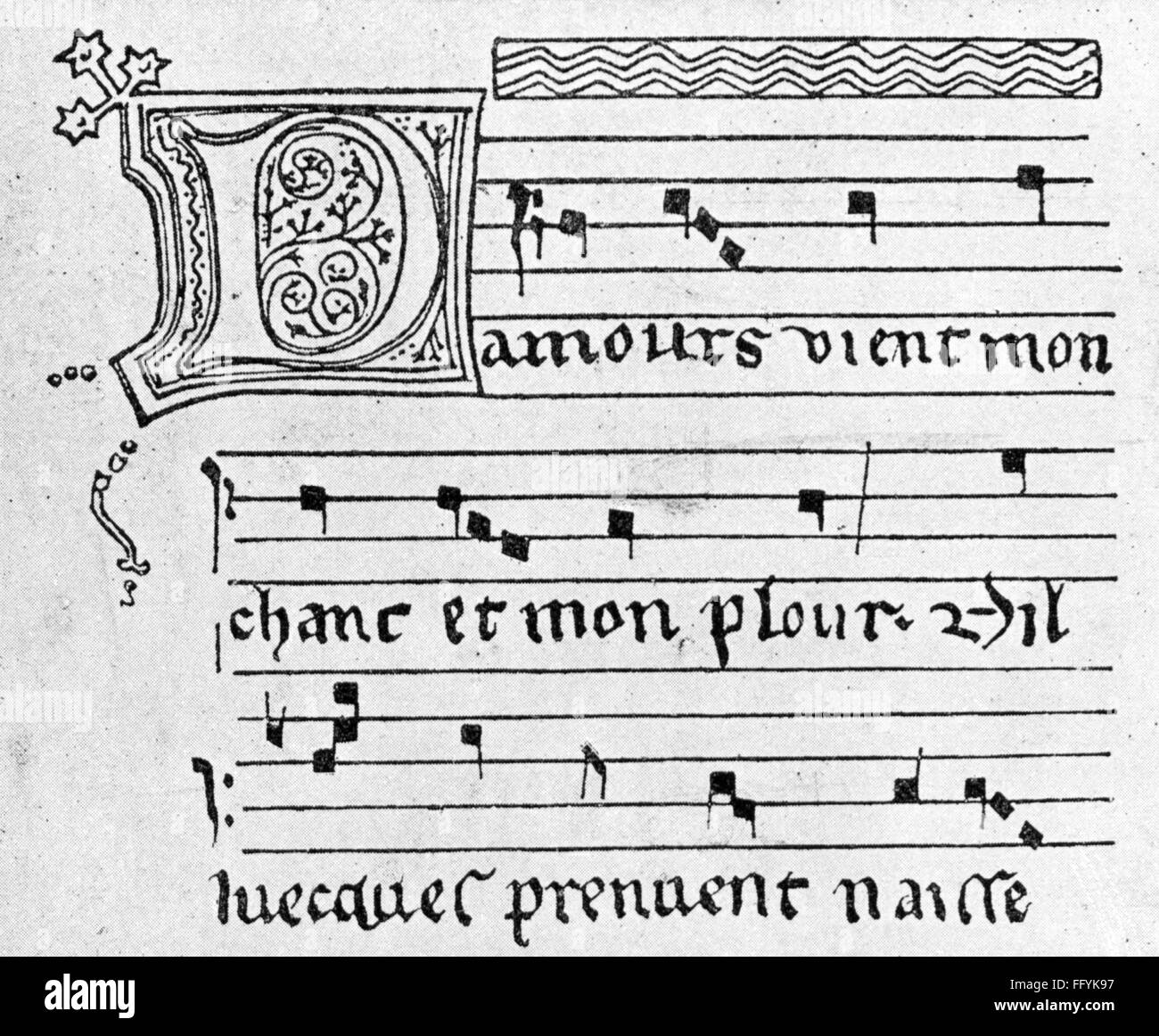 Musik, Noten, Notation der nordfranzösischen Trouveurs, 13./14. Jahrhundert, Troubadour, Notation, Notationen, neume, stave, script, scripts, handscript, handwriting, handwritings, French, Langues d'oil, Oil, words, Lyrics, Middle Ages, Northern France, North of France, Trouvères, Notes, Note, Historic, Historical, NOT, Additional-Rights-Clearences-not available Stockfoto