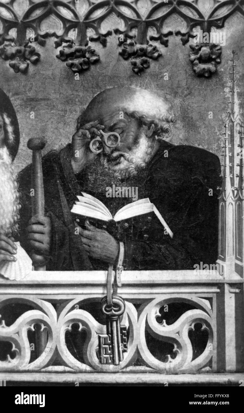 Medizin, Augenheilkunde, Apostel Petrus mit Brille beim Lesen eines Buches, Gemälde von Friedrich Herlin (um 1430 - um 1500), Detail, 1466, Zusatz-Rechteklärung-nicht vorhanden Stockfoto