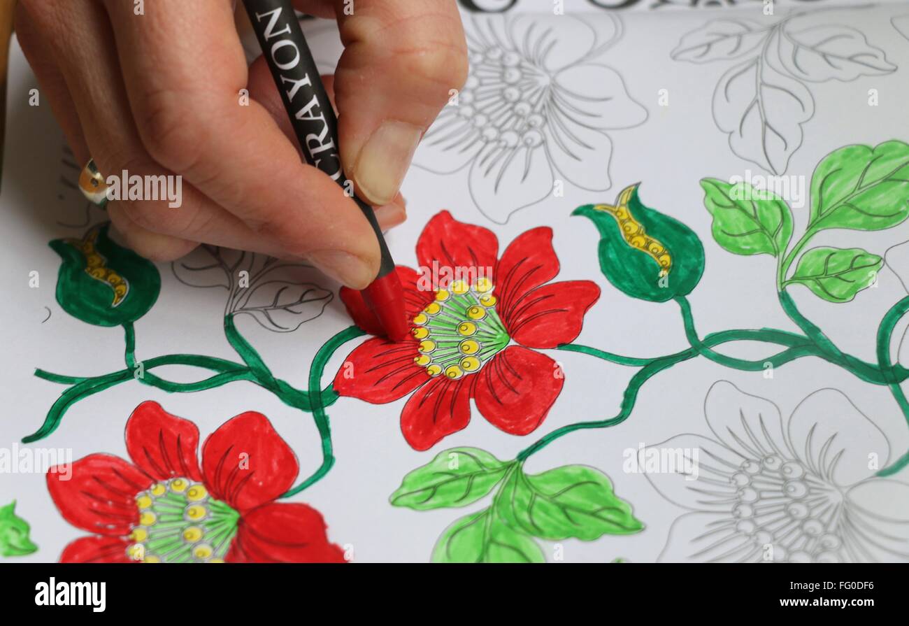 Zarte Frauenhand Erwachsenen Färbung der floralen Design, rot und grün, üben Umgang mit Stress zu tun. Stockfoto