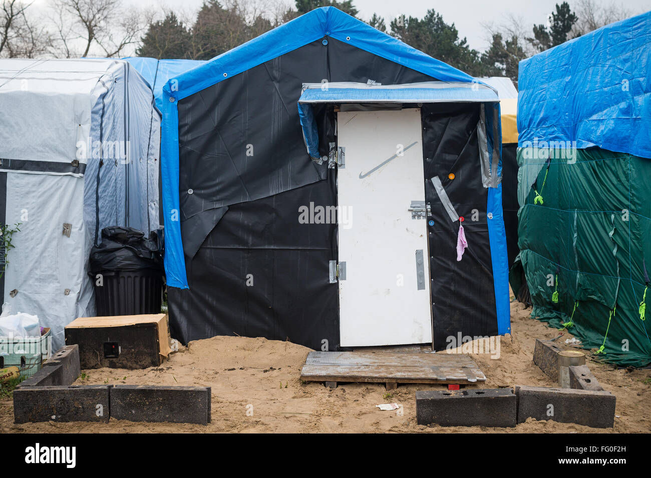 Das Flüchtlingslager Im Dschungel, Calais, Frankreich. Stockfoto