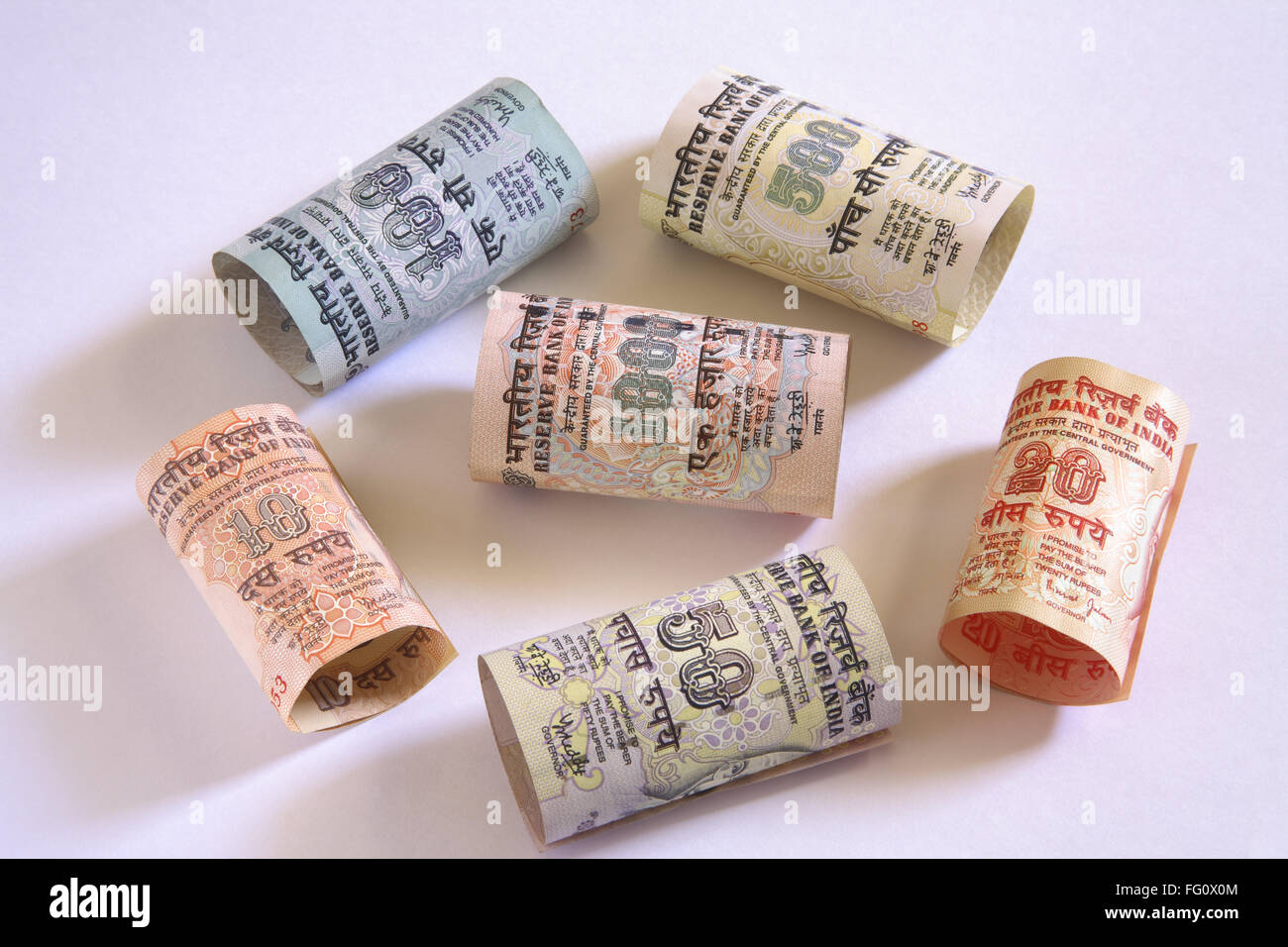 Konzept, Wachstum indischer Währung 10:20 fünfzig Rupien mit einem fünf hundert und tausend Stockfoto