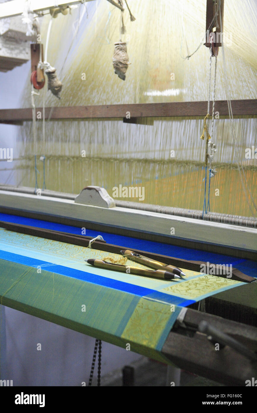 Handwebstuhl von Kanchipuram Seide Saris, Distrikt Kanchipuram, Tamil Nadu, Indien Stockfoto