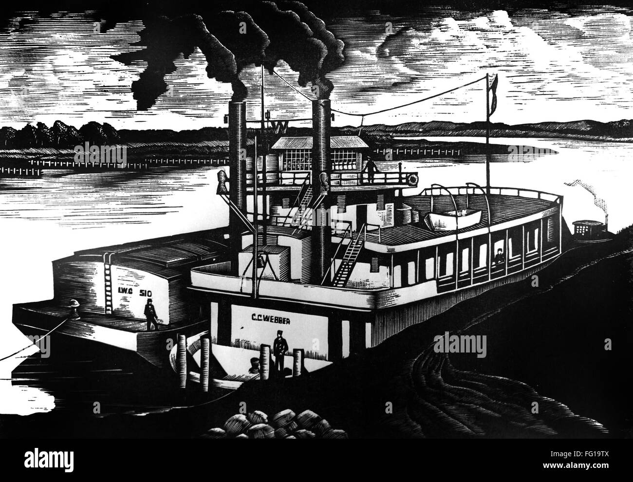 GEARY: ON THE RIVER, c1939. / on den Fluss. " Holzschnitt, Fred Geary, c1939. Stockfoto