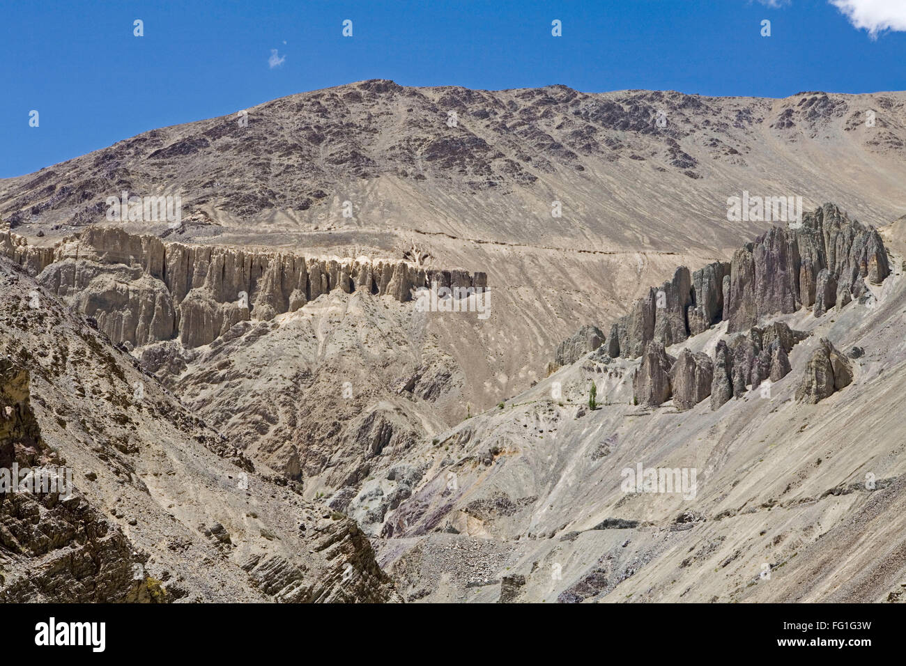 Erosion über Jahrhunderte schuf interessante Skulpturen in sandigen Bergen von kalten Wüstenlandschaft von Ladakh Jammu Kashmir Stockfoto