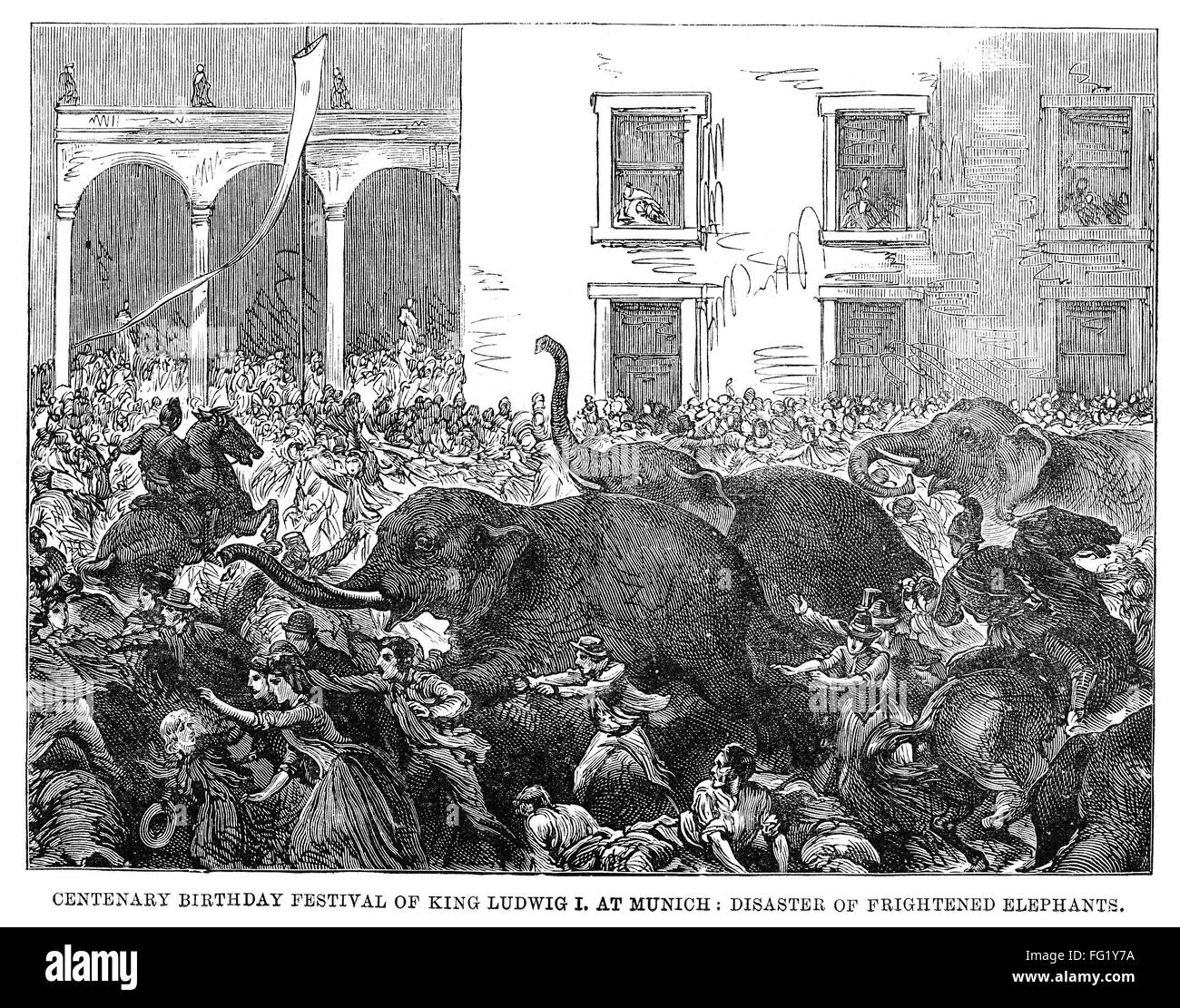 ELEFANT-KATASTROPHE, 1888. /n'Centenary Geburtstag Festival von König Ludwig I, München: Katastrophe von Angst Elefanten. " Kupferstich, 1888. Stockfoto