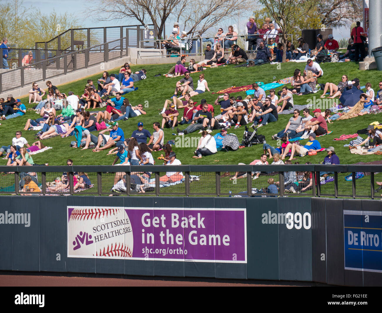 Fans auf dem Rasen Feldspieler spring Training Baseball spielen, Salt River Felder im Talking Stick, Scottsdale, Arizona. Stockfoto