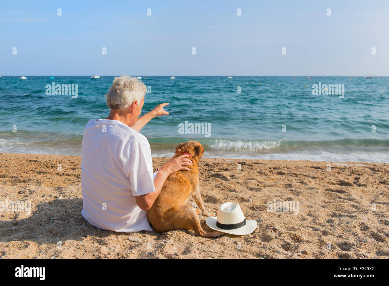 Ältere Mann mit Hund im weißen Anzug sitzt am Strand Stockfoto