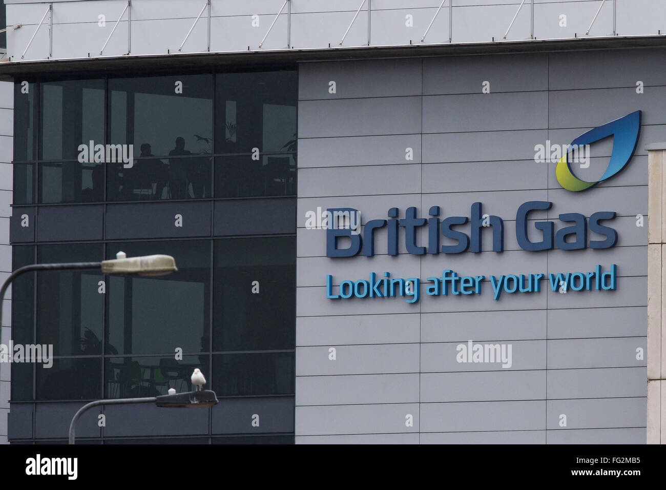 British Gas Zeichen Logo Büros in Cardiff, Südwales. British Gas ist ein Stromversorgungsunternehmen im Besitz von Centrica. Stockfoto