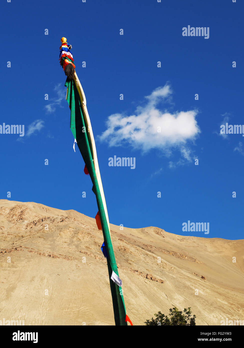 Gebetsfahnen am Tingmosgang Berg; Ladakh; Jammu und Kaschmir; Indien Stockfoto