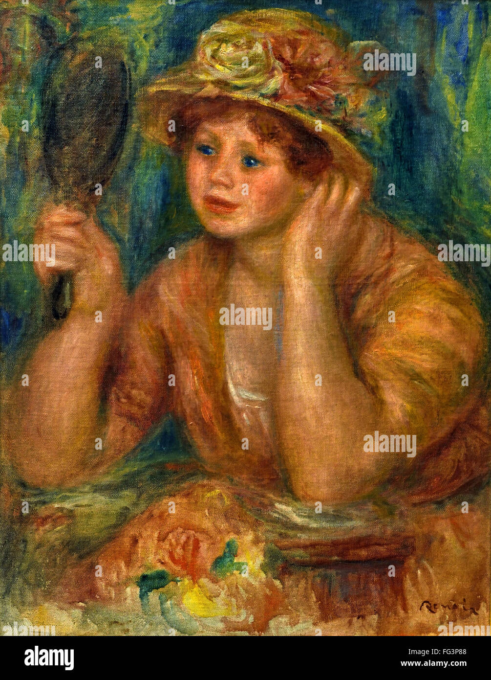 Junge Frau im Spiegel von Pierre Auguste Renoir 1841-1919 Französisch impressionistischen Frankreich Stockfoto