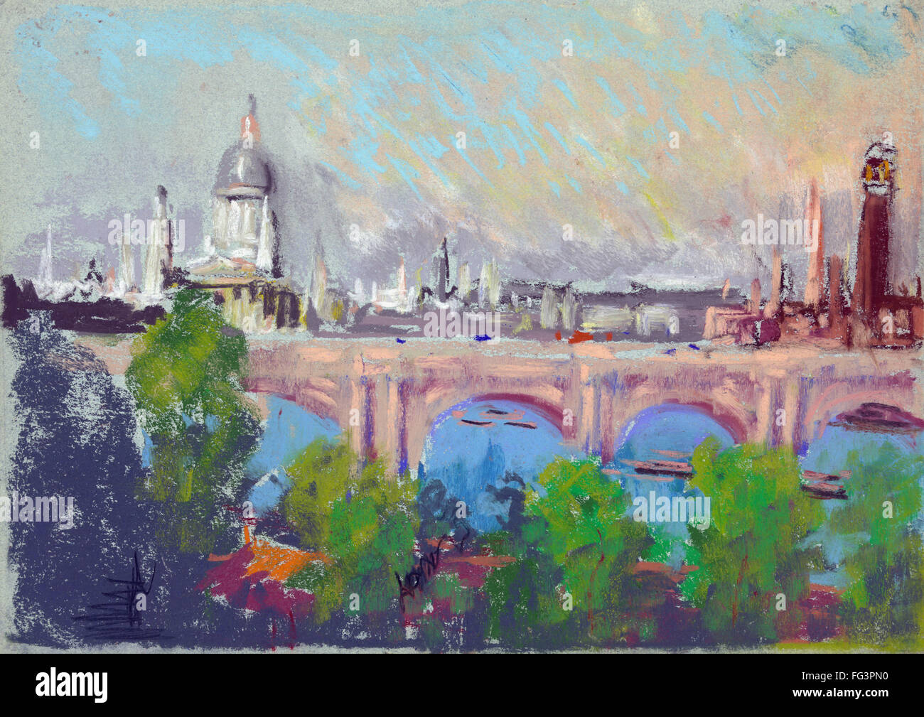 PENNELL: LONDON, 1900. /Nview von London über die Waterloo-Brücke. Pastell, Zeichnung von Joseph Pennell, 1900. Stockfoto