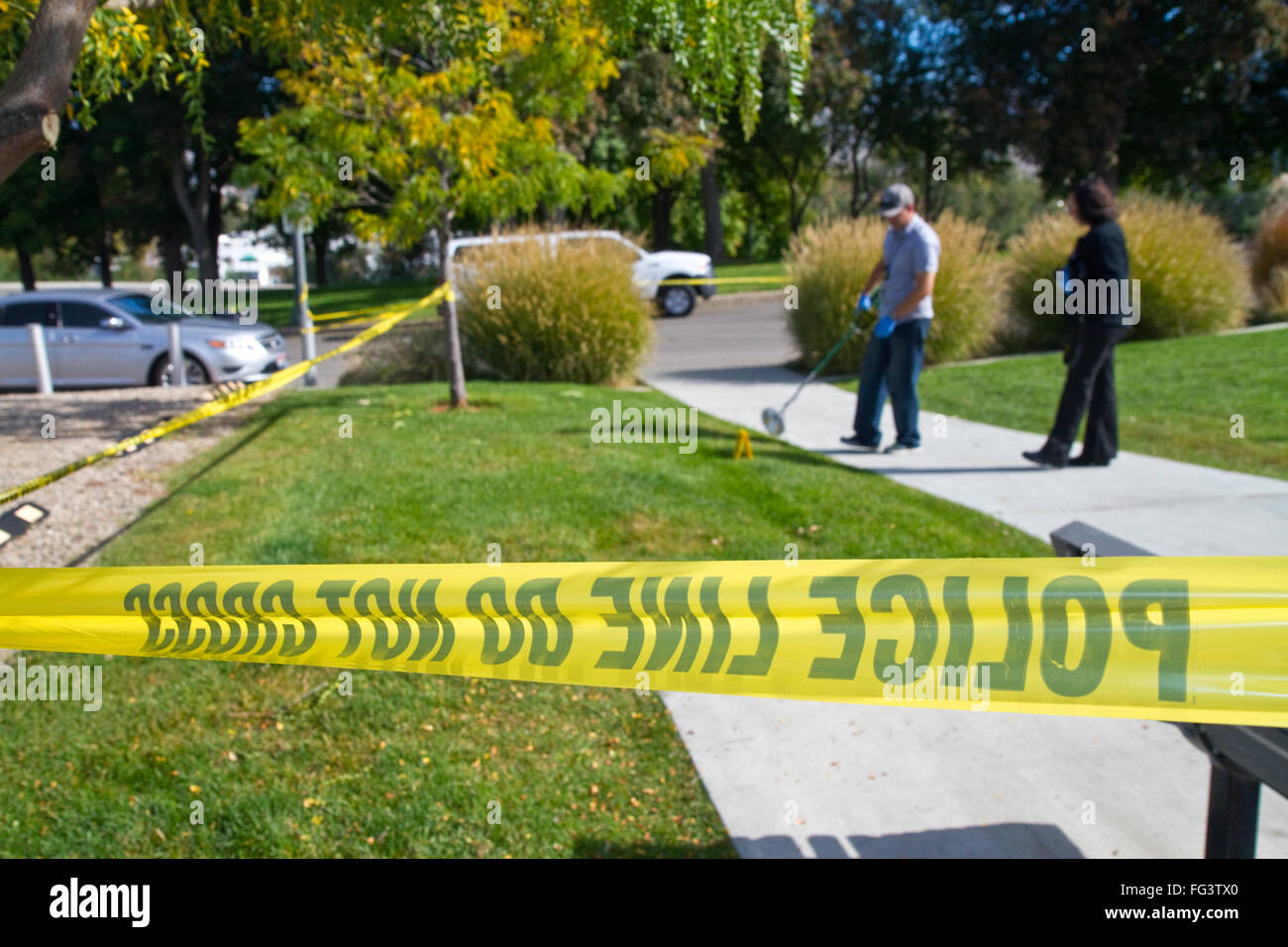 Polizei Vorsicht Klebeband am Tatort eines Verbrechens in Boise, Idaho, USA. Stockfoto