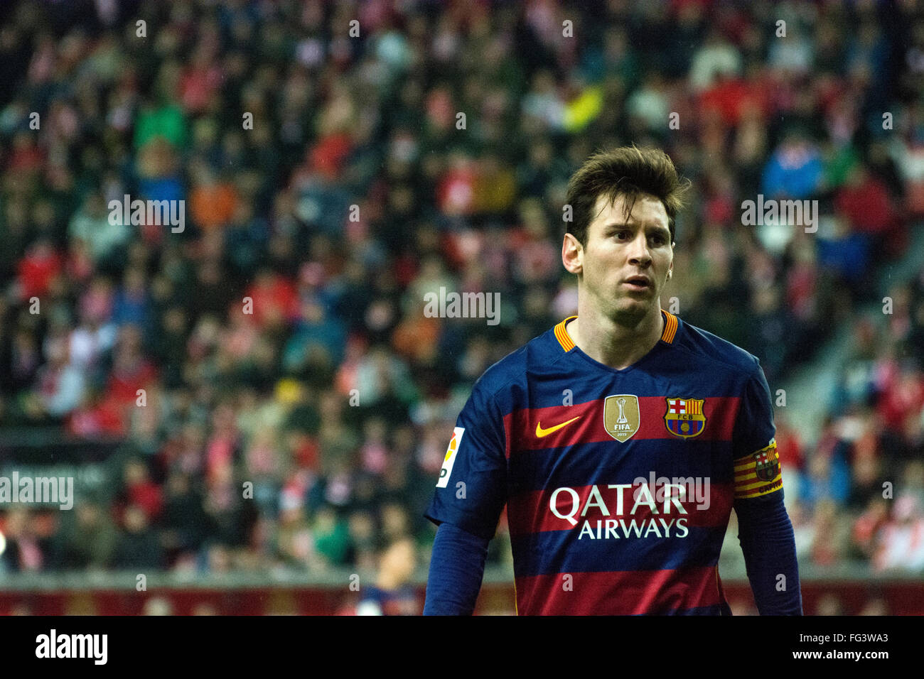 Gijón, Spanien. 17. Februar 2016. Lionel Messi (vorwärts, FC Barcelona) während Fußballspiel des spanischen "La Liga" zwischen Real Sporting de Gijon und FC Barcelona Stadium Molinón am 17. Februar 2016 in Gijon, Spanien. Bildnachweis: David Gato/Alamy Live-Nachrichten Stockfoto