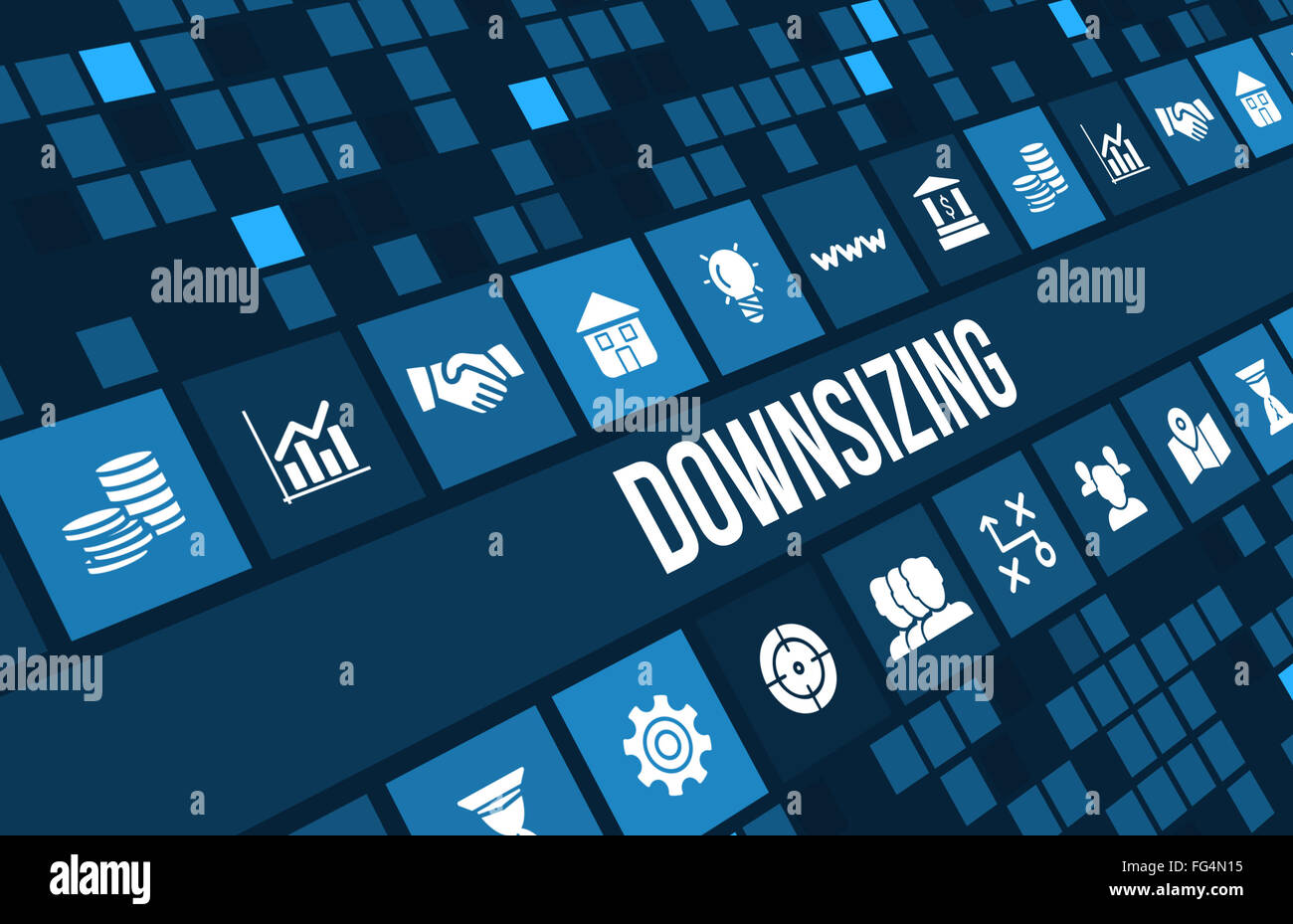 Downsizing-Konzept mit Business Icons und Exemplar Bild. Stockfoto