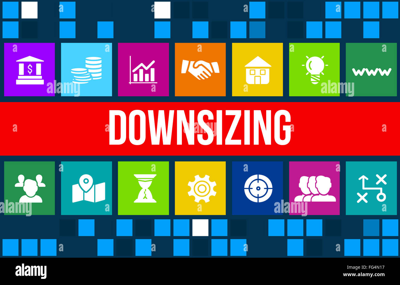 Downsizing-Konzept mit Business Icons und Exemplar Bild. Stockfoto