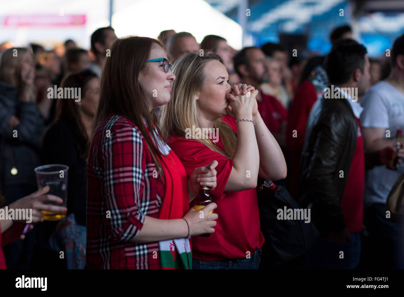 Leidenschaftliche Wales Rugby-Fans sehen Wales während der Rugby-Weltmeisterschaft 2015 in der Fanzone Cardiff in Cardiff, Südwales. Stockfoto