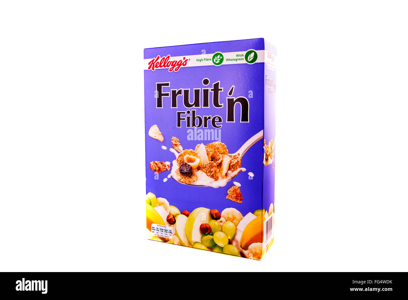 Fruit 'n Fiber Frühstück Müsli Kellogg's Marke Box Box Faser Produkt Ausschnitt geschnitten weißen Hintergrund isoliert, Obst und Faser, Kellogs Fruchtfaser Stockfoto