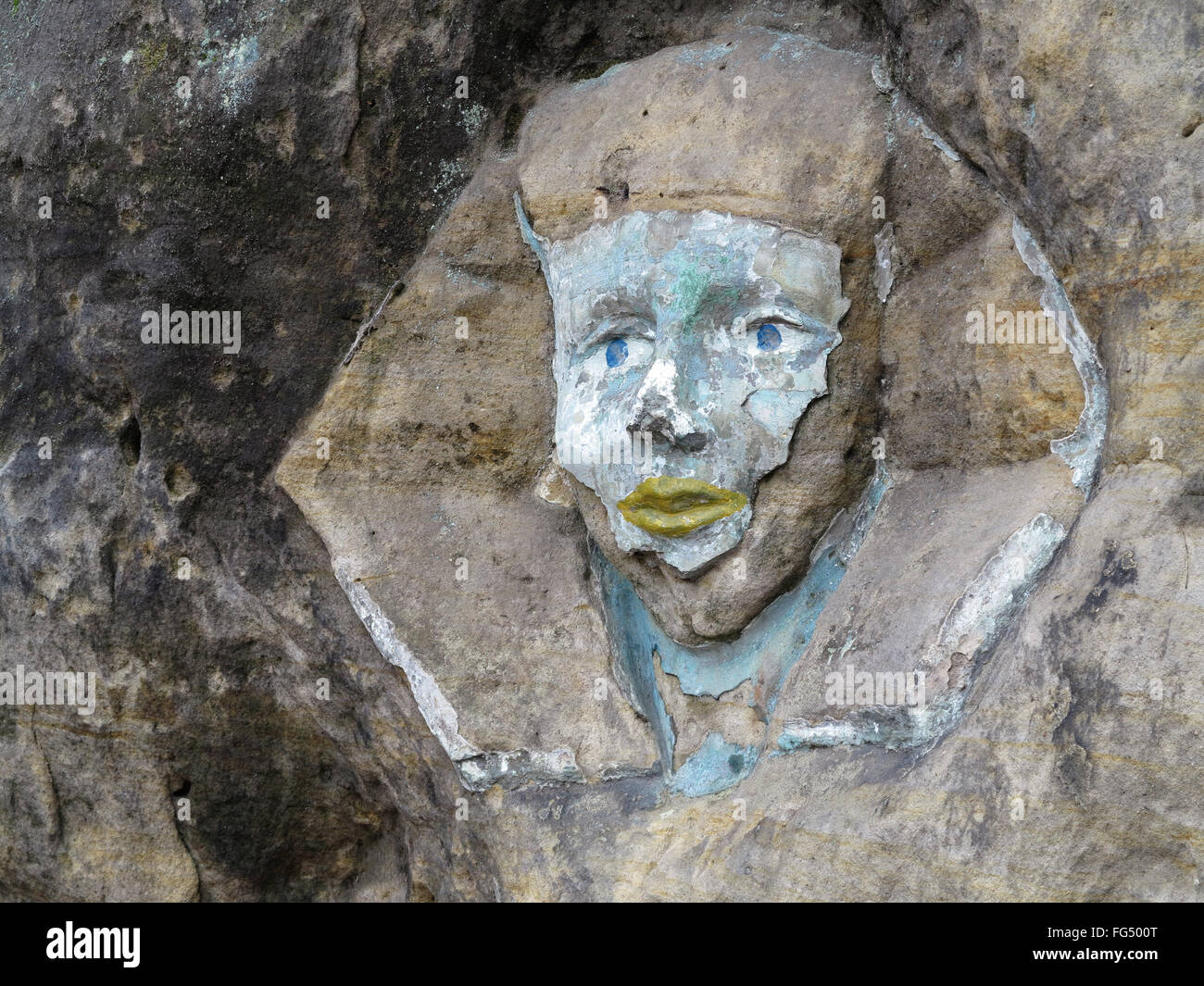 Stein Relief - das Gesicht der Sphinx - in den Sandstein gehauen Stockfoto