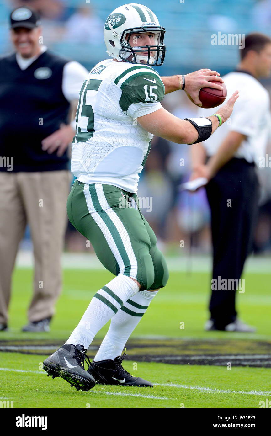 Jacksonville, FL, USA. 9. Dezember 2012. New York Jets quarterback Tim Tebow (15) vor einem NFL-Spiel gegen die Jacksonville Jaguars im EverBank Field am 9. Dezember 2012 in Jacksonville, Florida. ZUMA Press/Scott A. Miller. © Scott A. Miller/ZUMA Draht/Alamy Live-Nachrichten Stockfoto