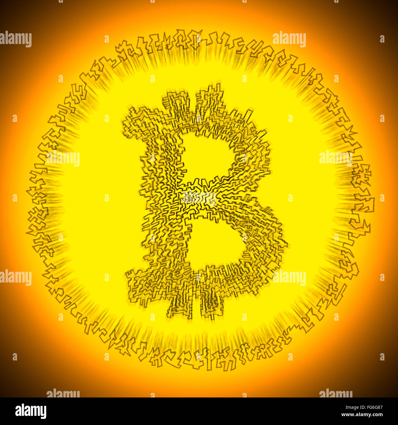 Golden strahlende Bitcoin-Logo. Abbildung eines digitalen dezentrale Krypto Währung Münze. Stockfoto