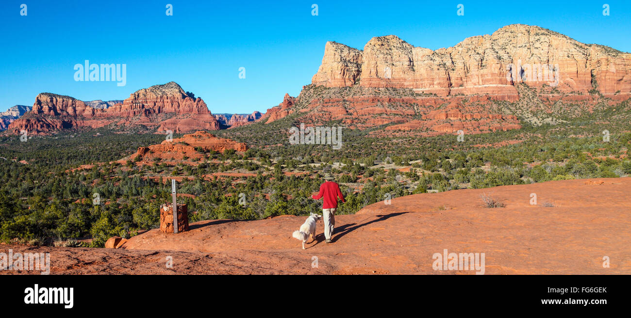 Wanderer und Hund am Aussichtspunkt erreicht über den Trail Bell Rock Klettern Stockfoto